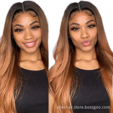 FZY Wholesale Price Good Omens Cosplay Black roots ombre Brown color silk straight Synthetic hair Wigs with lace front  Vendor
